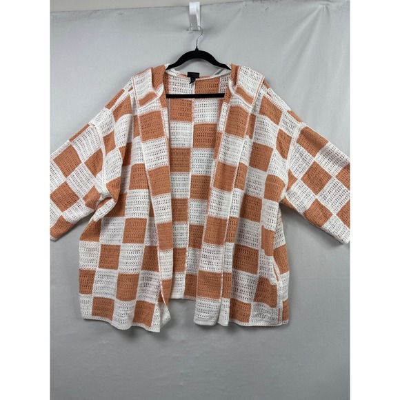 torrid Sweaters - Torrid Crochet Hooded Cardigan Womens 3/4 Coral White Checkered Open Front Knit